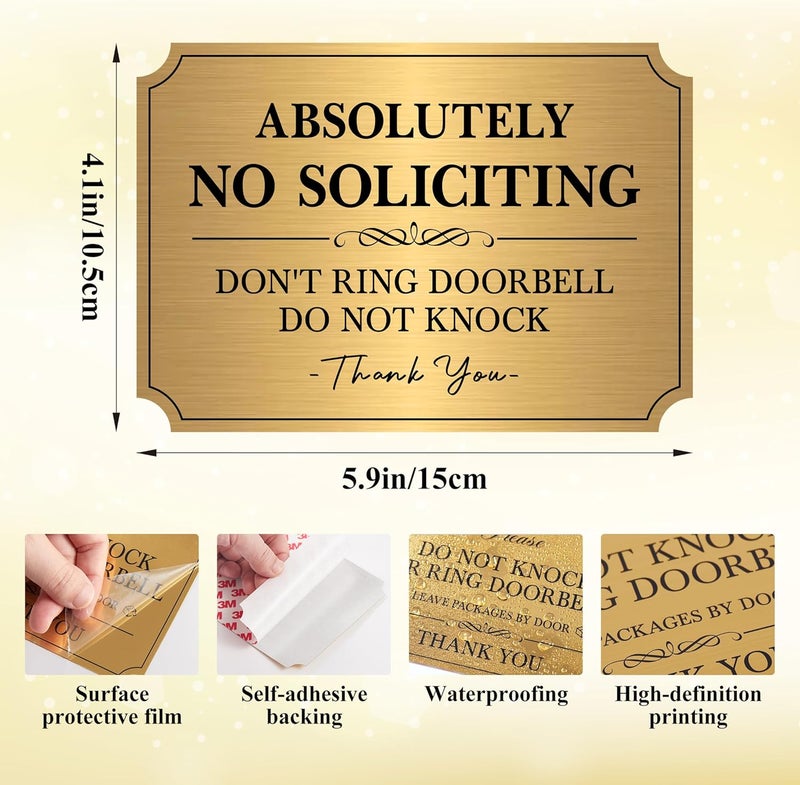 LUHIMO No Soliciting Sign for Front Door，Self-Adhesive Elegant Brushed Gold Do Not Knock or Ring Doorbell No Soliciting Sticker for Home, No Solicitors Sign for Doorbell, House Door, Office 5.9"x 3.9" - Image 2